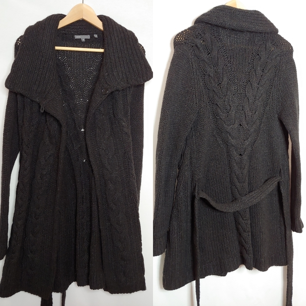 Vince Chunky Knit Longline Open Front Cardigan Wool Yak Black Gray XS Belted‎